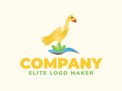 Gradient logo in the shape of a duck combined with elements of nature  (land, water, and leaves), the colors used are yellow, orange, blue, brown, and green.