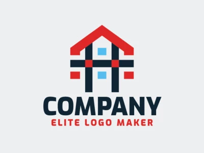 Create your own logo in the shape of a house, with a minimalist style with blue and red colors.