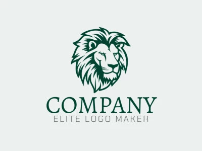 Logo available for sale in the shape of a lion head with illustrative design and dark green color.