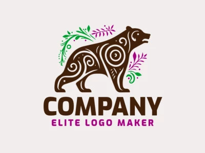 Create your own logo in the shape of an ornamental bear with handcrafted style with green, brown, and purple colors.