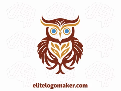 Create your own logo in the shape of an owl with a minimalist style with blue, brown, and yellow colors.