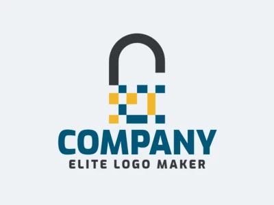 Customizable logo with the shape of a padlock composed of a minimalist style with black, blue, and yellow colors.