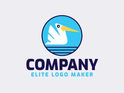 Logo available for sale in the shape of a pelican with circular design with blue, black, and yellow colors.