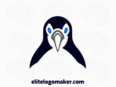Create your own logo in the shape of a penguin with a symmetric style with blue, grey, and black colors.