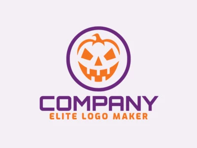 Logo available for sale in the shape of a scary pumpkin with a minimalist design with orange and purple colors.