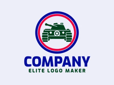 Logo is available for sale in the shape of a war tank with abstract style with red, dark blue, and dark green colors.