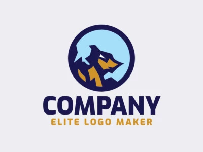 Circular logo design composed of a wolf combined with a mountain with blue and yellow colors.