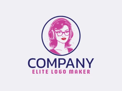 Logo available for sale in the shape of a woman using headphones with an illustrative design with red, pink, and dark blue colors.