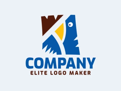 Logotipo creativo en forma de un pájaro con un diseño memorable y un estilo abstracto, los colores utilizados son azul, marrón, y amarillo.