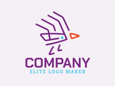 Logotipo personalizable en forma de un pájaro combinado con una mano compuesto por un estilo monoline y colores azul, naranja, y violeta.