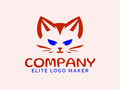 Logotipo personalizable en forma de una cabeza de gato compuesto por un estilo minimalista y colores azul y rojo.