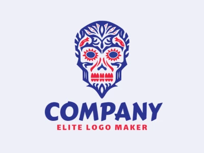 Logotipo de cráneo simétrico en colores azul y rojo, que representa equilibrio y creatividad. Ideal para marcas creativas e innovadoras.