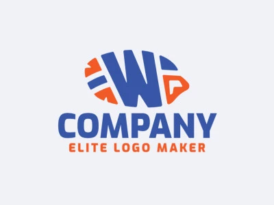 Logotipo doble sentido creado con formas abstractas que forman un pez combinado con una letra "W" en colores azul y naranja.