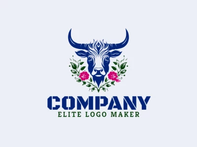 Crear su propio logotipo en forma de un buey floral con un estilo mascota y colores rosa, azul oscuro, y verde oscuro.