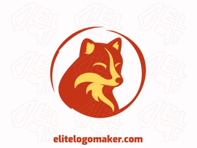 Un logotipo de mascota encantador con un zorro amigable, irradiando calidez y accesibilidad, en tonos vibrantes de rojo y amarillo oscuro.