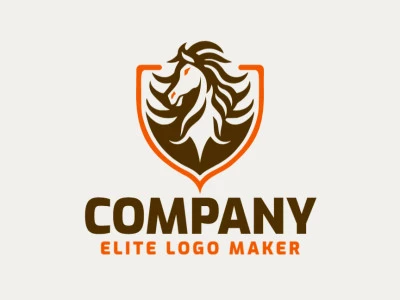 Logotipo personalizable en forma de un caballo combinado con un escudo compuesto por un estilo emblema y colores naranja y marrón oscuro.