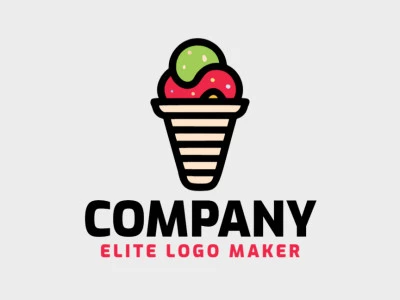 Logotipo listo para venta en forma de un helado con diseño minimalista y colores verde, azul, naranja, negro, y beige.