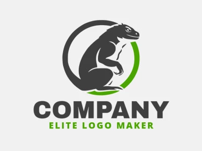 Logotipo disponible para venta en forma de un Dragon de Komodo con estilo abstracto y colores verde y gris.