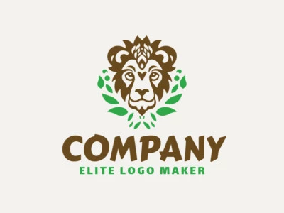 Un logotipo divertido y juguetón de un lindo león con hojas de color verde brillante, que enfatiza los colores naturales de verde y marrón.