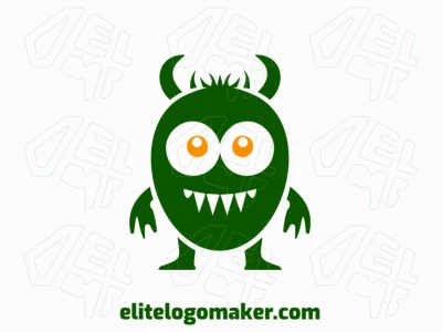 Logotipo disponible para venta en forma de un pequeño monstruo con estilo infantil y colores verde y naranja.