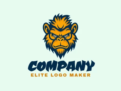 El logotipo presenta la cabeza de un mono juguetón como mascota en naranja y amarillo vibrantes, delineada en azul oscuro, creando una identidad de marca divertida y atractiva.