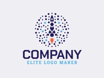 Logotipo abstracto con formas sólidas que forman un cohete con un diseño refinado y colores azul y naranja.