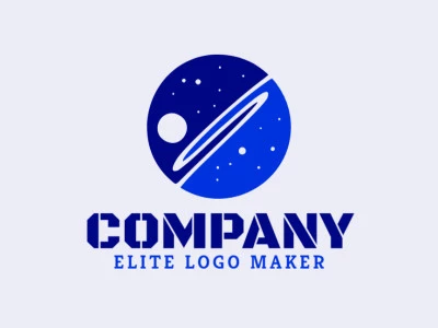 Logotipo minimalista creado con formas abstractas que forman un universo en colores azul y azul oscuro.