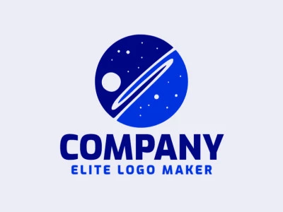 Logotipo ilustrativo con formas sólidas que forman un universo con un diseño refinado y colores azul y azul oscuro.