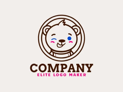 Um design de logotipo monolinear encantador apresentando um urso com linhas delicadas e uma mistura divertida de tons azul, marrom e rosa.