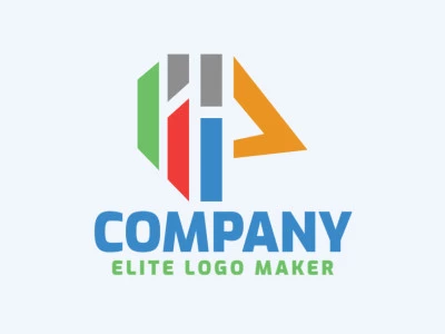 Logotipo customizável com a forma de um pássaro combinado com um gráfico composto por um estilo minimalista e com as cores verde, azul, laranja, vermelho, e cinza.