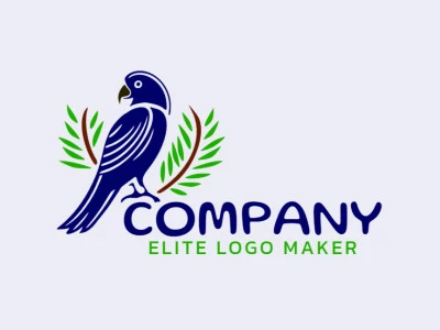 Logotipo criativo com a forma de uma arara azul combinado com folhas com design abstrato e com as cores verde, azul, e marrom.