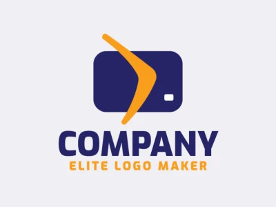 Logotipo disponível para venda com a forma de um cartão combinado com um bumerangue, com estilo minimalista e cores azul e laranja.