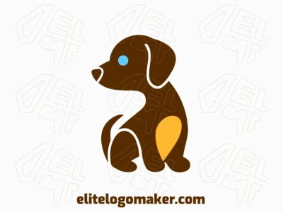 Um logotipo de mascote carismático com um cachorro, projetado com linhas amigáveis e colorido em azul, marrom e amarelo escuro para uma impressão acolhedora e animada.
