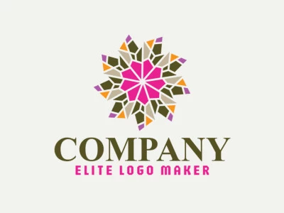 Logotipo mosaico com a forma de uma flor composto por formas abstratas e design refinado, as cores utilizadas no logotipo foi amarelo, rosa, verde, e roxo.