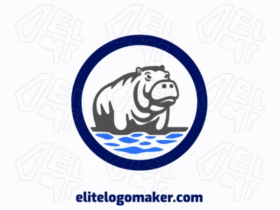 Crie um logotipo vetorizado apresentando um design contemporâneo de um hipopótamo e estilo mascote, com um toque de sofisticação e com as cores azul, cinza, e azul escuro.