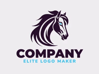 Logotipo customizável com a forma de uma cabeça de cavalo composto por um estilo mascote e com as cores azul e preto.