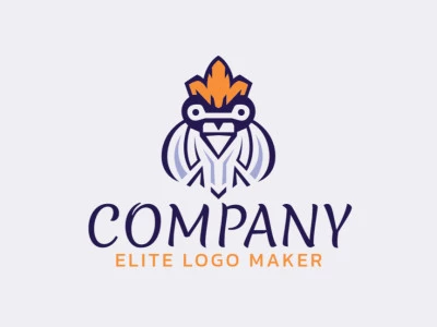 Logotipo customizável com a forma de uma cabeça de pombo mesclado com uma coroa composto por um estilo abstrato e cores laranja, roxo, e azul.