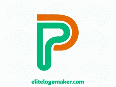 O logotipo apresenta a letra 'P' com linhas grossas em um estilo minimalista, combinando tons chamativos de verde e laranja para uma aparência elegante e marcante.