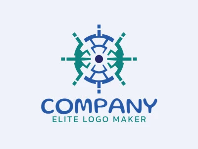 Logotipo criativo com a forma de um olho combinado com um timão de navio com design memorável e estilo abstrato, as cores utilizado foram azul e verde.