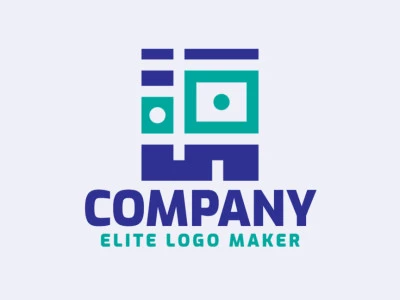 Logotipo simples criado com formas abstratas formando um robô com as cores verde e azul.