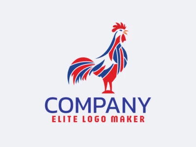 Logotipo vetorial  com a forma de um galo com design simples e cores vermelho e azul.