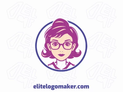 Um emblema circular apresentando uma menina inteligente, mesclando roxo, bege e azul escuro, simbolizando inteligência e inovação.