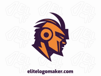 Logotipo customizável com a forma de um robô guerreiro composto por um estilo mascote e com as cores laranja e roxo.