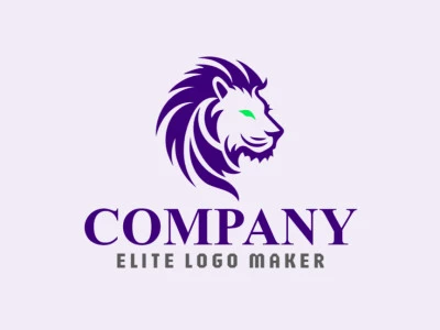 Crie seu próprio logotipo com a forma de uma cabeça de leão selvagem com estilo simples e com as cores verde e roxo.