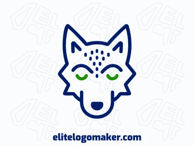 Um logotipo monoline sofisticado com design de lobo, integrando elegantemente as cores verde e azul.