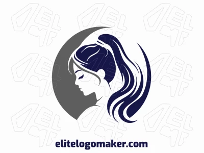 Um logotipo criativo em estilo abstrato, retratando uma mulher em tons de cinza e azul escuro.