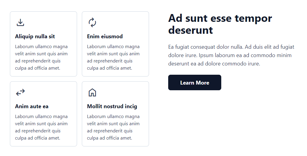 The Features Section is built using Tailwind CSS and a minimal design. It consists of four list items, each representing a feature, accompanied by icons and descriptive text. The section layout is fully responsive and uses modern utility classes from Tailwind to ensure flexibility and ease of customization.