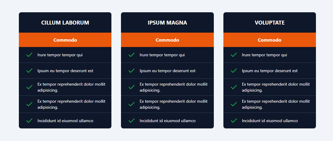 Benefits Table composed of 3 lists with benefits or advantages included in a plan, this component was made with Tailwind CSS.