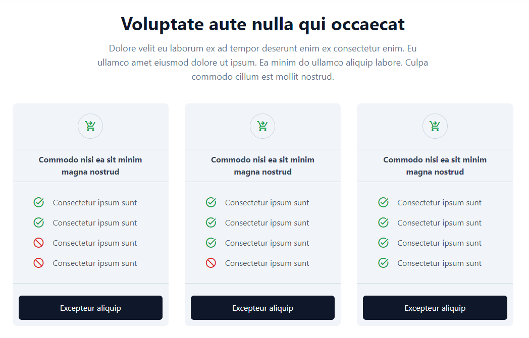 A 3-column list section with allowed and blocked item icons made with HTML and Tailwind CSS.