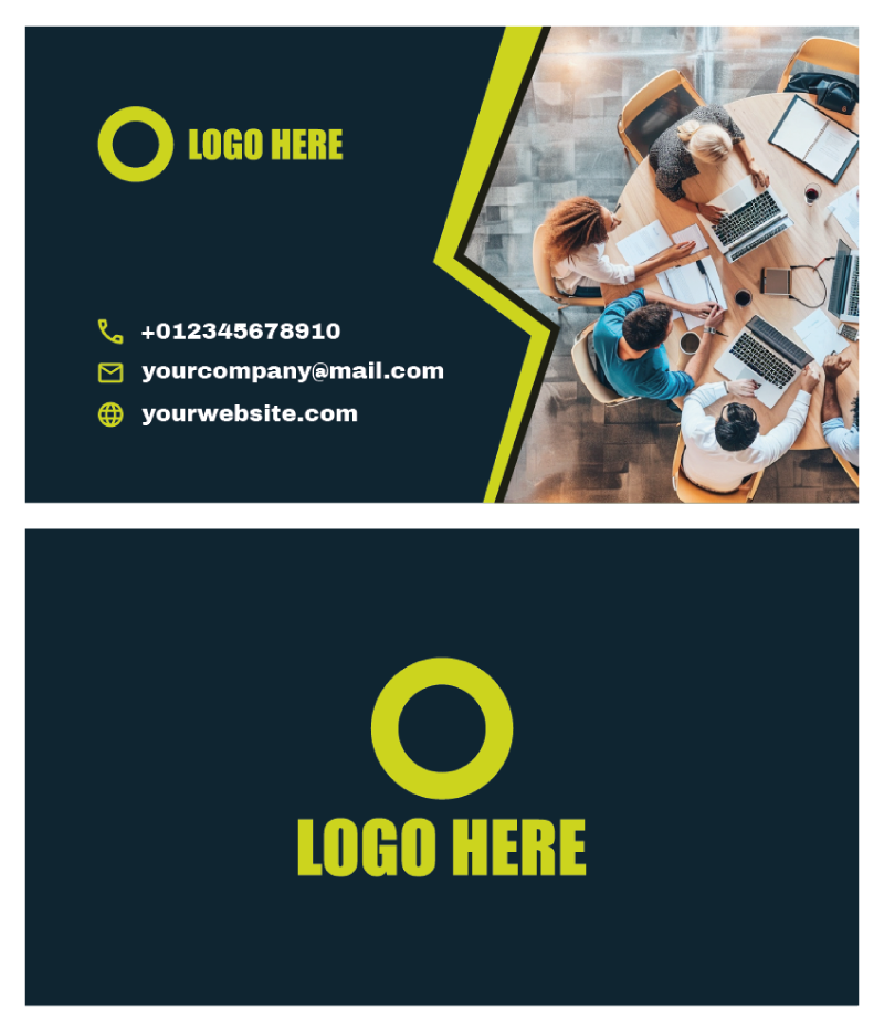 Business card with simple details and solid colors. This card contains phone, email, and website information, as well as an image to illustrate the services provided.